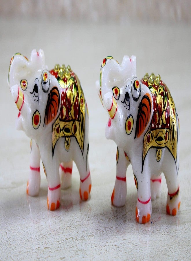 ESPLANADE Marble Elephant Family - Set of 2 - Sculpture Showpiece Figurines - Home Decor - White Multi - 3" Inches (Small) - Image 2
